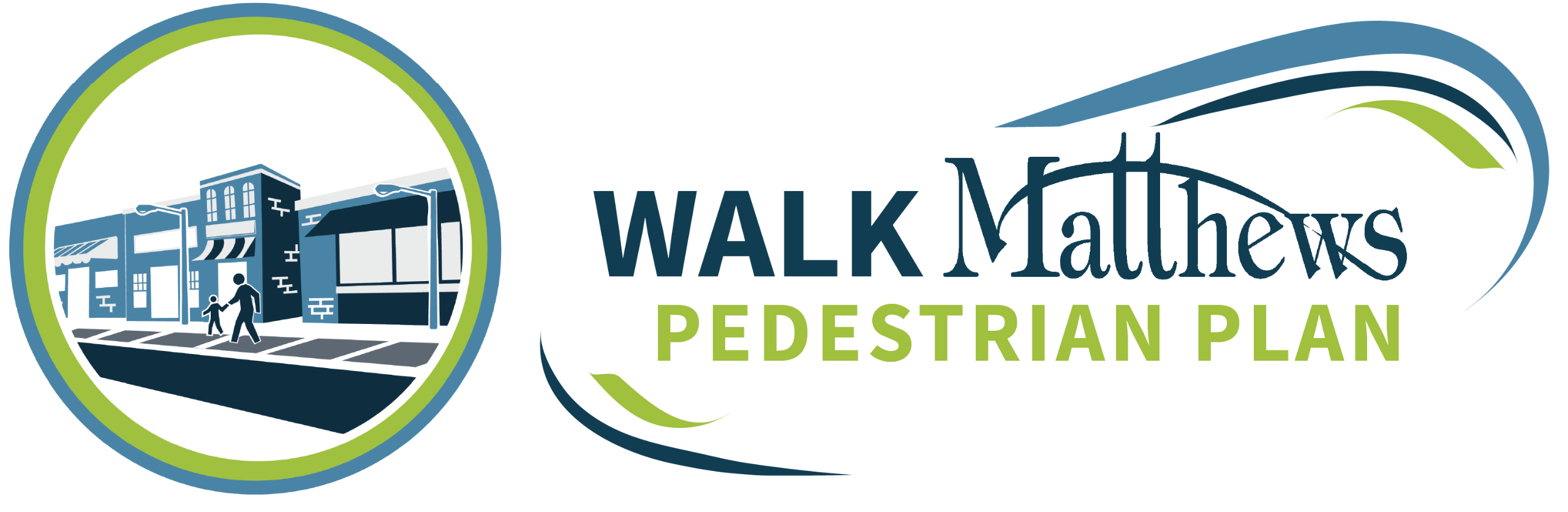 the words Walk Matthews with a small town streetscape